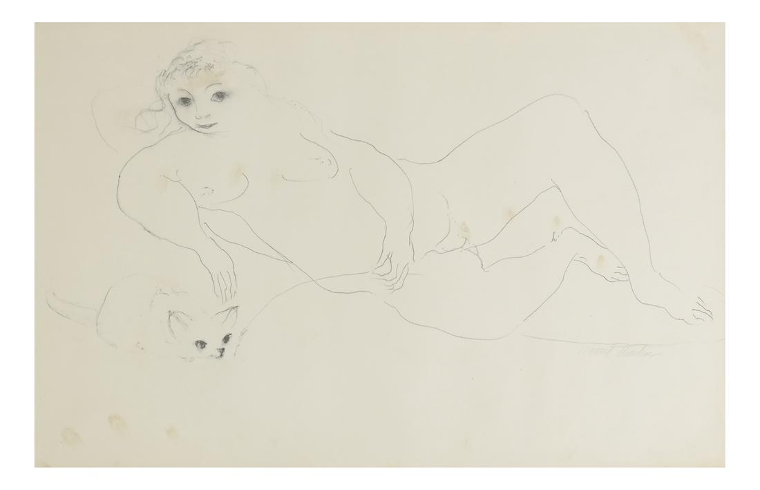 DARREL AUSTIN (1907-1994): Reclining Nude with Her Pet signed 'Darrel Austin' (lower right). Ink on paper. [14 1/2" x 22"].