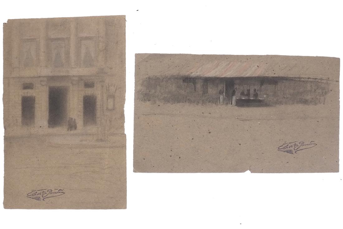 ANTONIO DE LA GANDARA (1861-1917): Two charcoal on brown wove paper compositions each bearing the artist's rubber stamp facsimile signature at bottom. Comprises an outdoor cafe scene with waiters and patrons (bears pastel heightening).