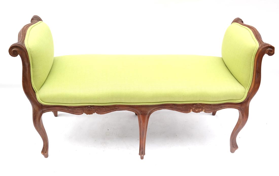 French Provencial Window Bench: Antique walnut and green upholstered six-leg window bench/seat. [54" x 21" x 30" H; 18 1/2" H to seat]. In good condition.