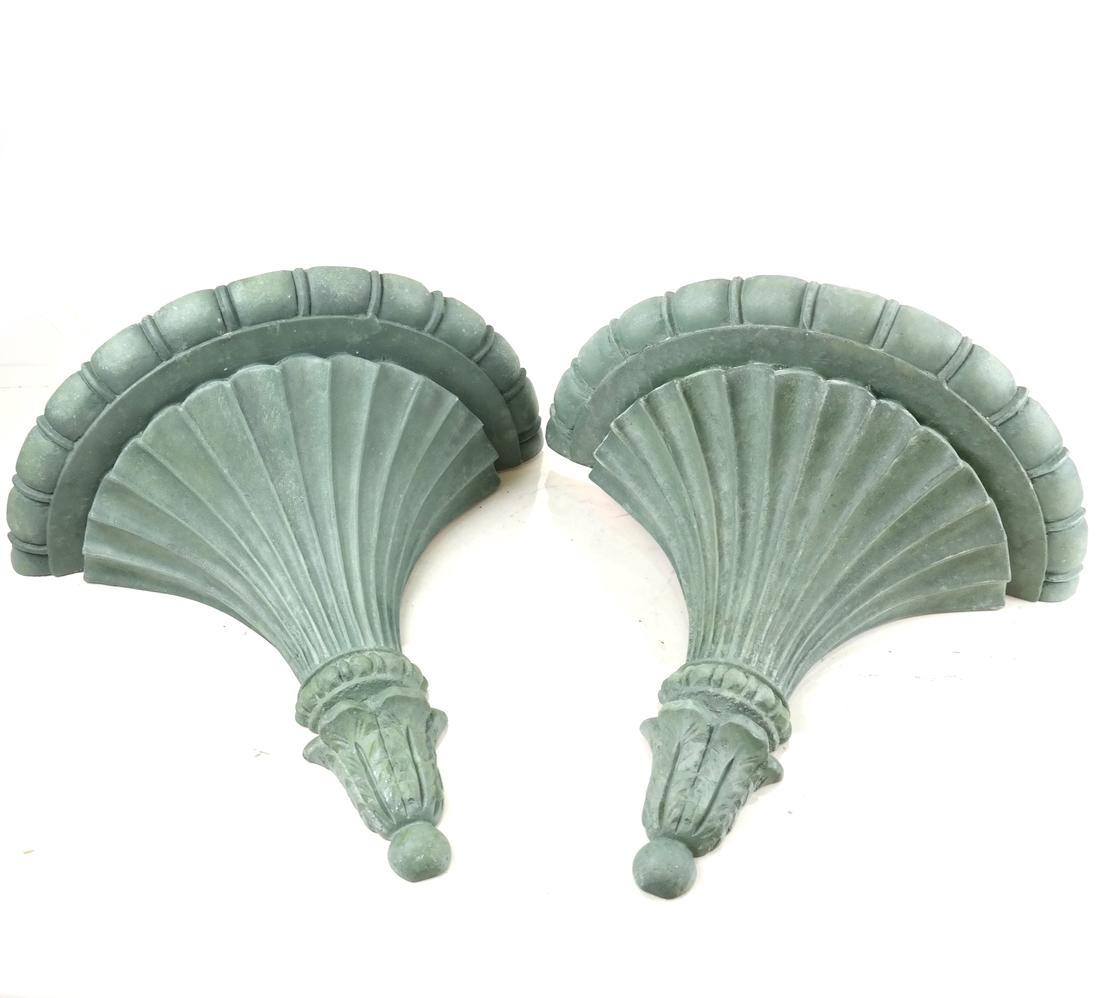 Pair of Decorated Brackets: Pair of green painted brackets. [13" H x 14" x 7"]. In good condition.