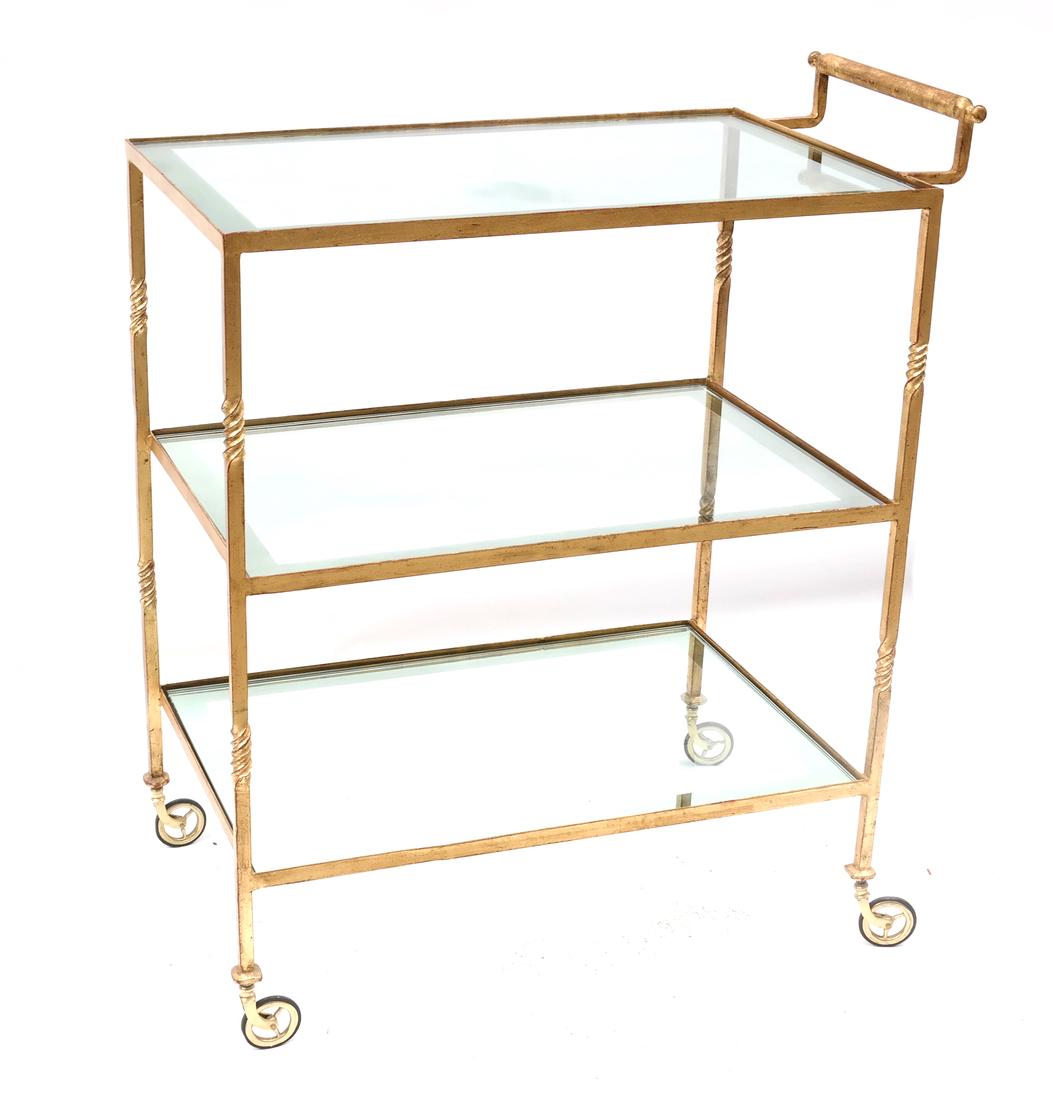 Mid-Century Modern Bar Cart: Three-tier gilt bronze two-tone glass bar cart. [32" x 18" x 37 3/4" H]. In overall good condition.