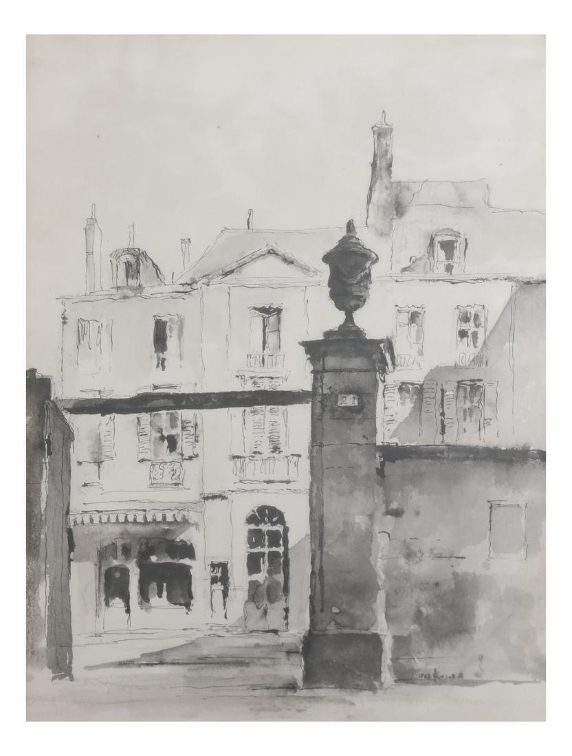 British School, Gated House - Ink: Framed ink on paper of a gated house. Illegibly signed at bottom right. [Sight: 13 3/8" H x 9 3/4" W; Frame: 17 3/4" H x 13 3/4" W]. Not examined out of frame.