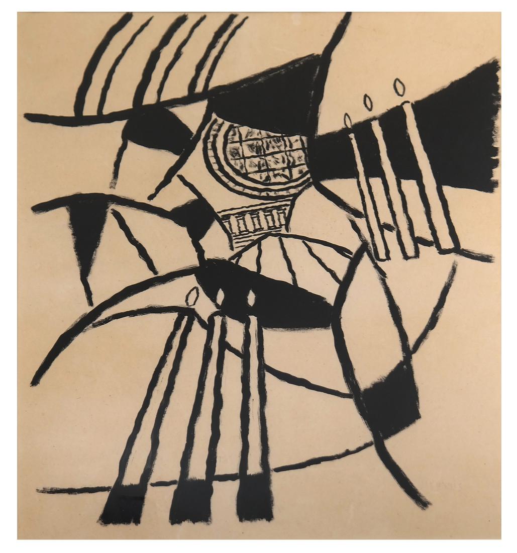 George L. K. Morris, Santo Spirito: George L. K. Morris (American, 1905-1975). "Santo Spirito" brush and black ink on paper. Signed in pencil at the lower right. [Sight: 20 3/4" H x 16 1/4" W; Frame: 31 1/2" H x 25" W]. Overall good con