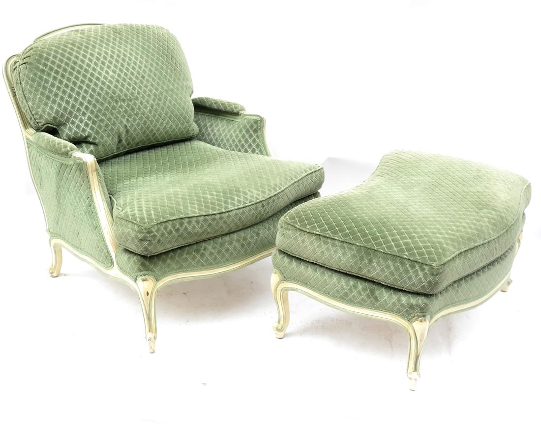 Two-Part French Chaise: Painted and decorated Louis XV-style chair and ottoman. [33" W x 32" D x 33 1/2" H to back; 18" to seat. Ottoman: 32" x 31" x 18" H].
