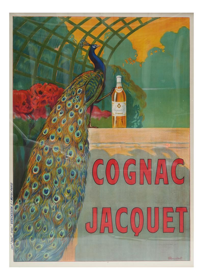 French Poster, Cognac Jacquet: Framed off-set lithograph by C. Bouchet, Impie Publte Etablts, Vercasson - Paris. [66" x 51" overall dimensions]. With few creases through the peacock body and tail.