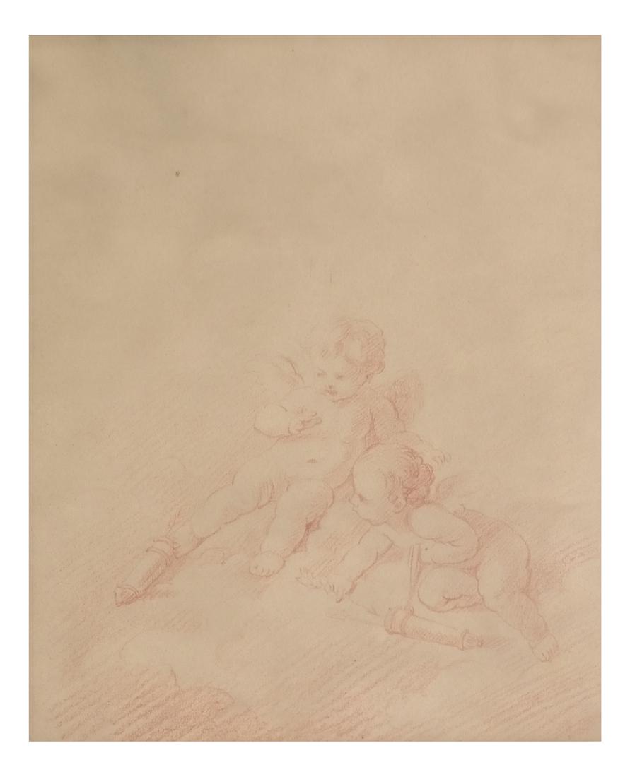 Continental School, Two Putti: Framed depiction of two putti, conte crayon on buff paper, unsigned. [Sight: 10" H x 8" W; Frame: 14 1/4" H x 12" W]. Overall good condition. Not examined out of frame.
