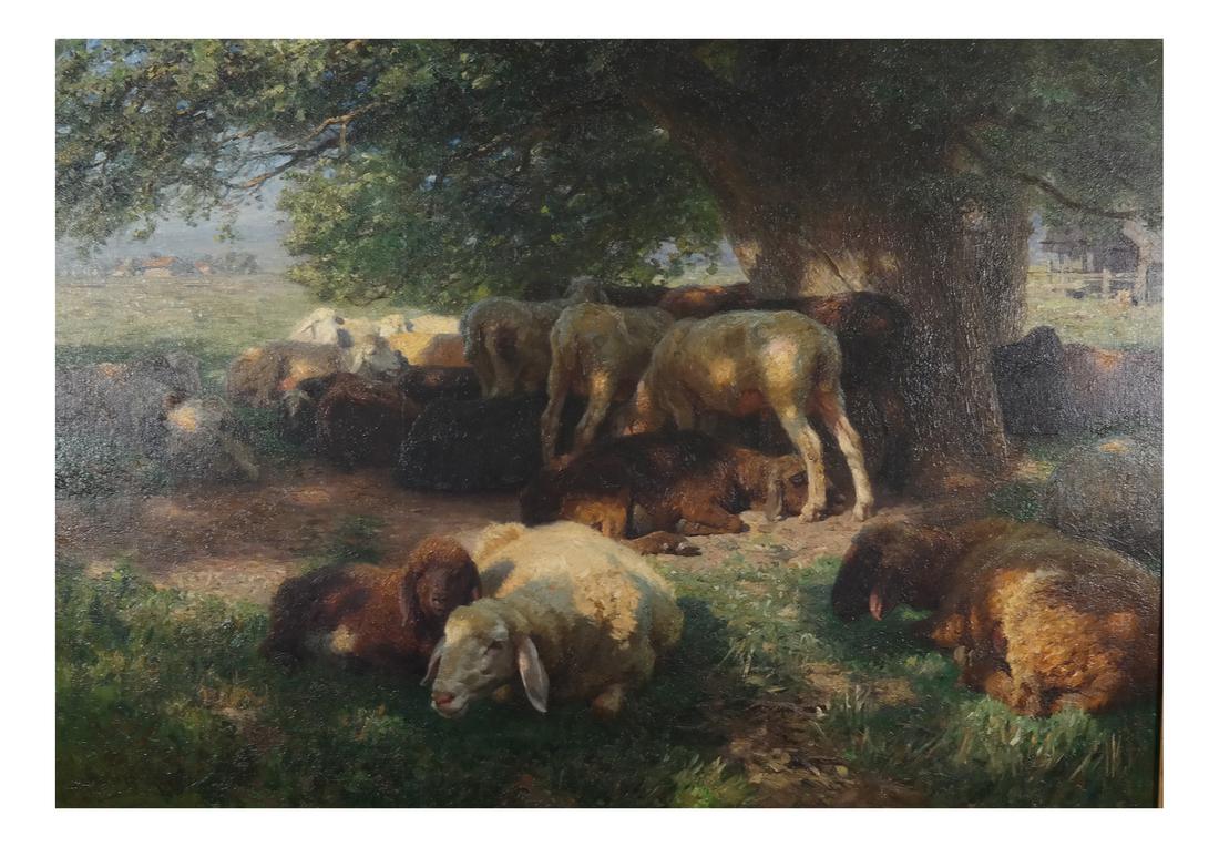 Hermann Hartwich, Midday Rest, Oil on Canvas: Hermann Hartwich (American, 1853-1926). Framed oil on canvas depicting sheep at rest by a tree. Signed at lower left. [Sight: 46 1/2" H x 65 1/2" W; Frame: 60" H x 73" W]. Overall good condition.