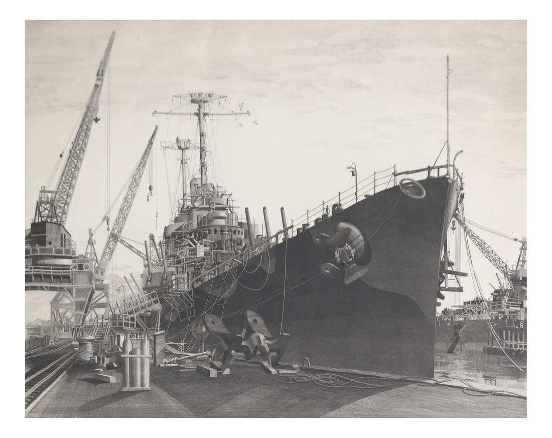 John Taylor Arms, Etching: John Taylor Arms (American 1887-1953) Unframed etching of USS Columbia Under Construction at the New York Shipbuilding Corporation, Camden, N.J., 1945. [Sight: 13" H x 18" W].