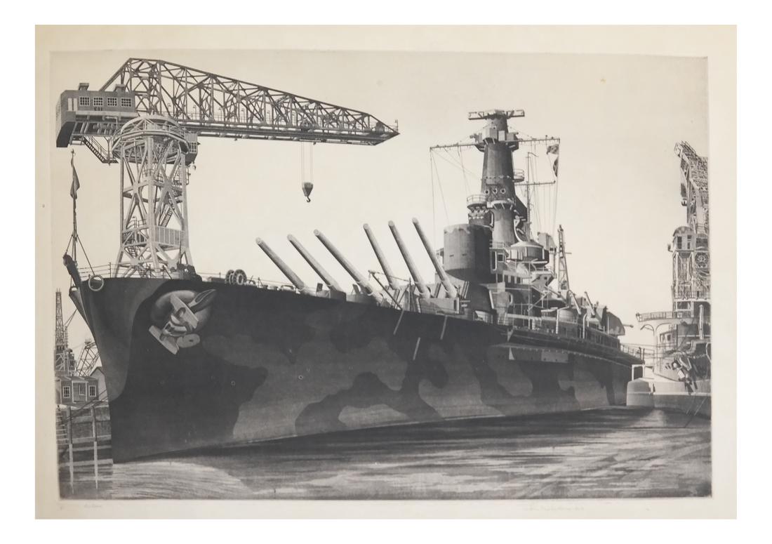 John Taylor Arms, Etching: John Taylor Arms (American, 1887-1953). Unframed etchings of the U.S.S. Alabama Outfitting at Norfolk Navy Yard, Crane Ship Kearsarge Alongside, 1943. Signed, titled, dated, and inscribed "IV" in penc