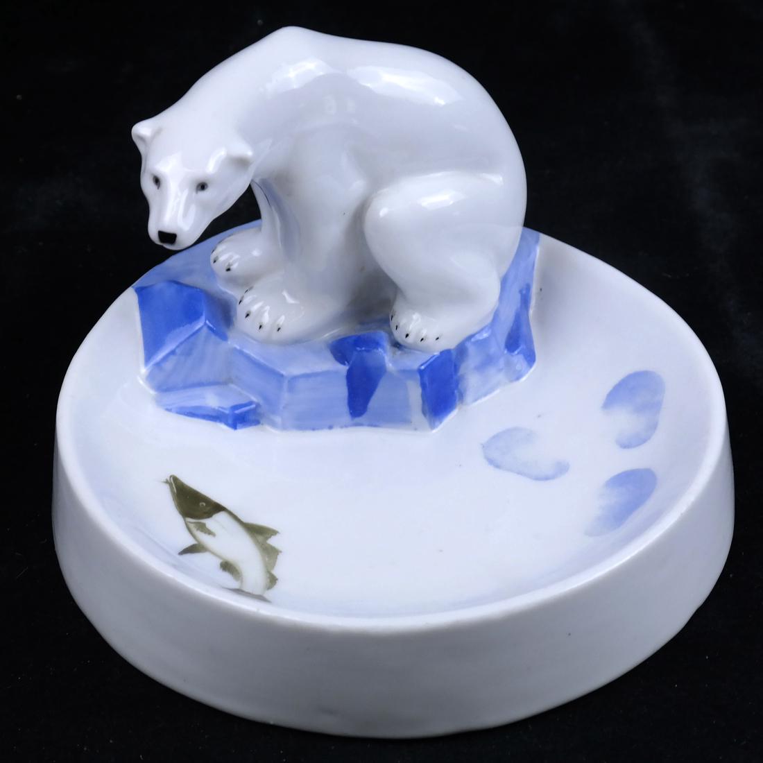 Lomonosov, Russian Porcelain Polar Bear: Lomonosov Russian porcelain polar bear nut dish. [6" W].