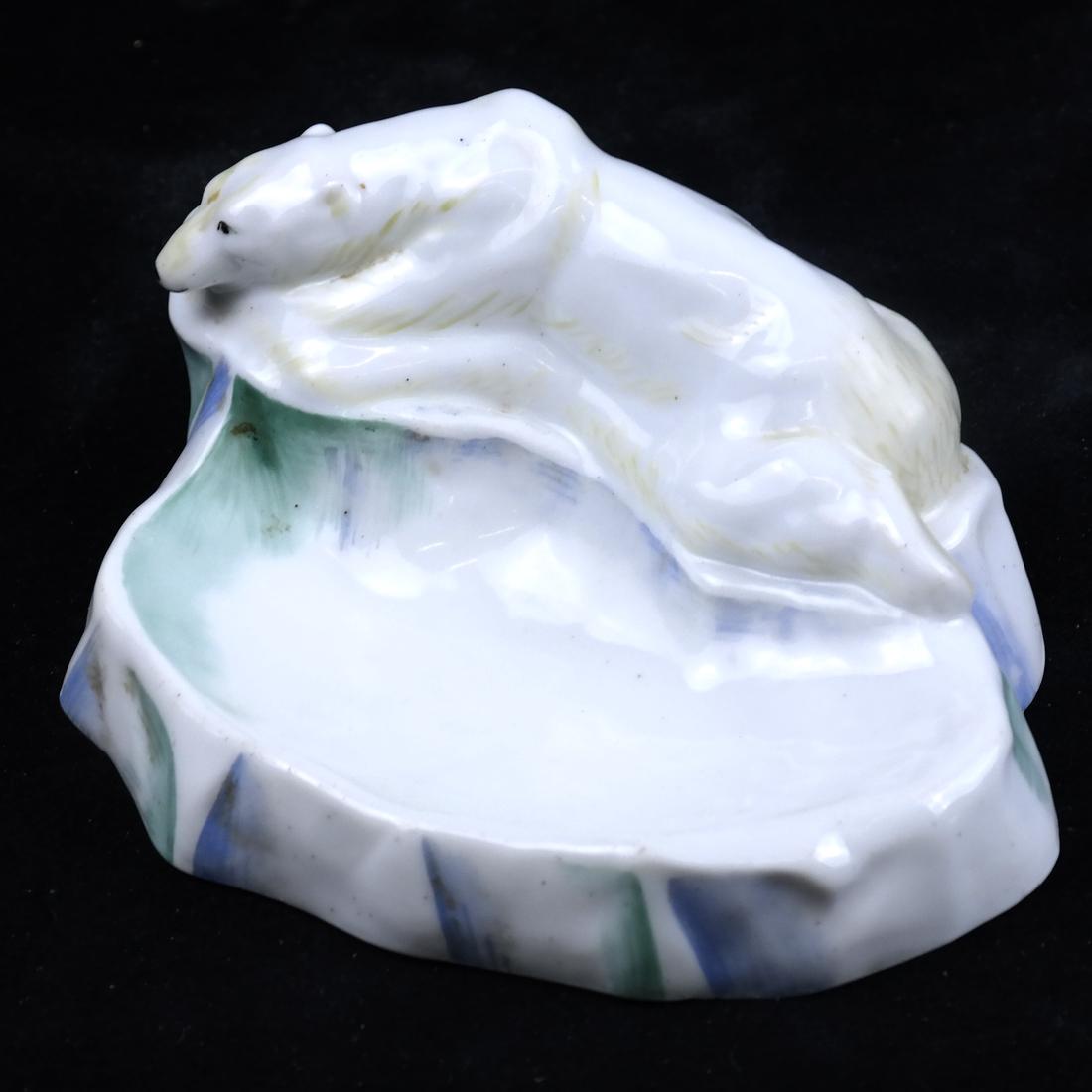 Vintage Russian Porcelain Polar Bear: White glazed porcelain nut dish in the form of a polar bear on an iceberg. Bears vintage mark. [6" W].