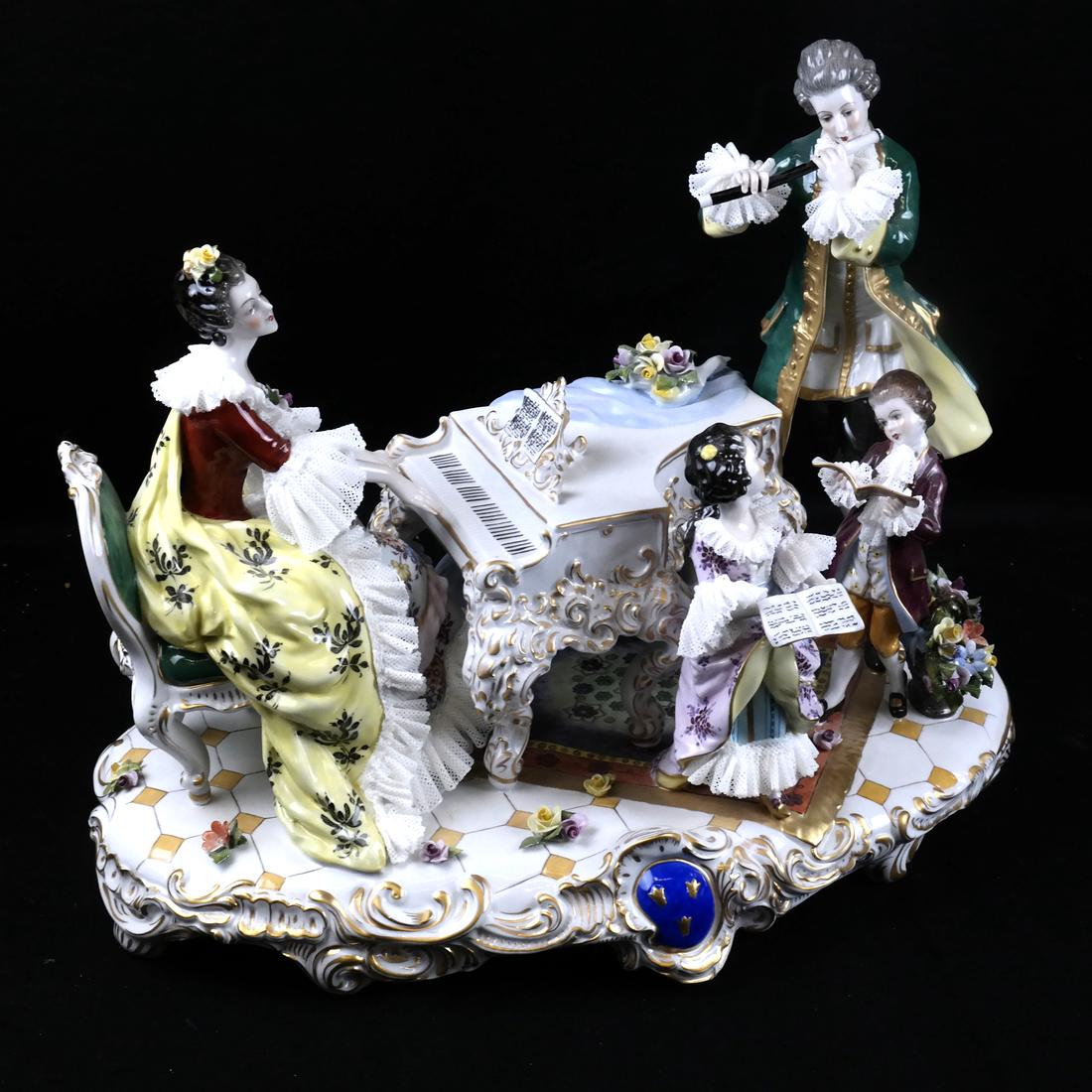 Dresden Piano Group: Fine glazed porcelain group. [15 1/2" x 12 1/2"]. Overall good condition. No apparent chips, cracks or repairs.