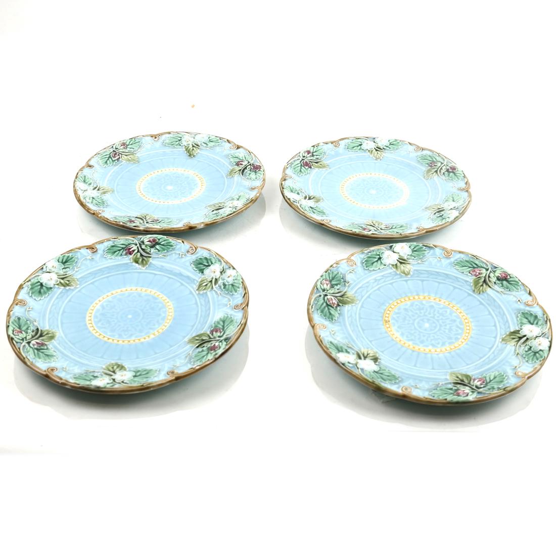 Four French Majolica Plates: Each marked Sarreguemines Majolica. [8 1/4" Dia]. Minor chips to the rim.