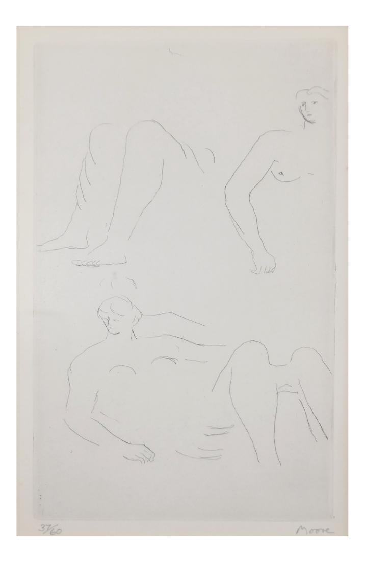 Henry Moore, Nude Female - Print: Henry Moore (British, 1898-1986) Gilt wood framed print depicting a nude female. Signed at bottom right of plate in pencil, numbered at left 37/60. [Sight: 10" H x 6 1/4" W; Frame: 20" H 16" W].