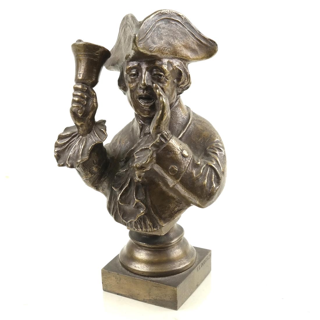 F. E. Dodge, Bronze "Town Crier" Bust: The base impressed 'F. E. Dodge 24" and "Gorham Co Founders / QEAX," golden brown patina, filled base. [H: 8in; W: 4 1/2in; D: 2 3/8in]; Filled base; overall good condition.