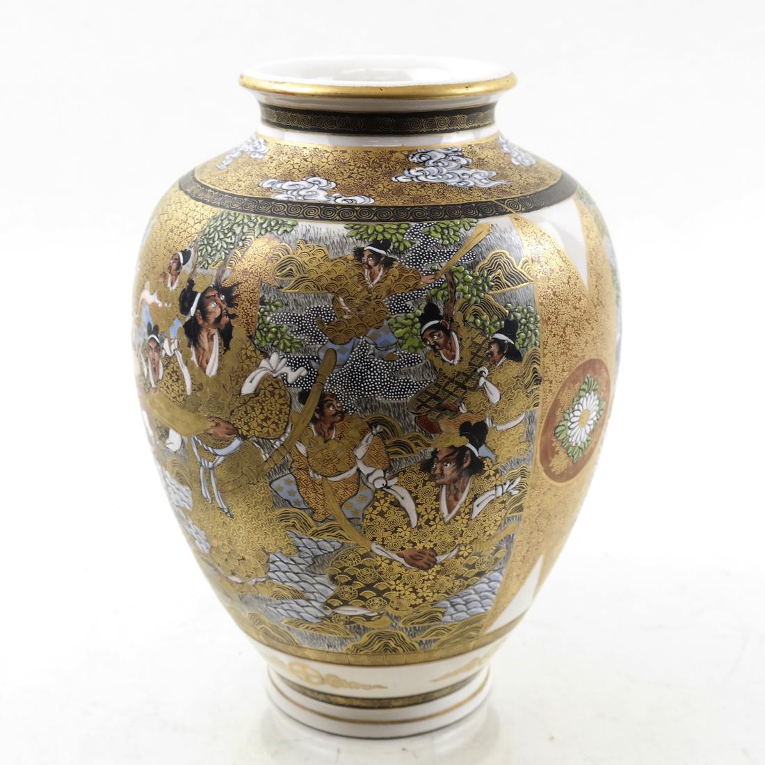 Japanese Satusma-Style Earthenware Vase: Early 20th century, enameled with a wide figural border; [H: 9 1/4in; Greatest Dia: 7 1/2in]; Allover crazed glaze; few minor imperfections throughout.