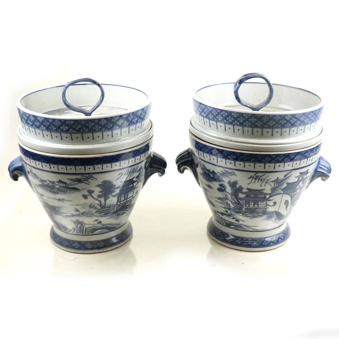 Pr Chinese Export Porcelain Fruit Coolers: Pair Chinese Export Canton Blue and White Porcelain Covered Fruit Coolers with Liners, each with underglaze blue riverscape borders; [Total H: 13in; L. over handles: 12in]; Each in overall good condit