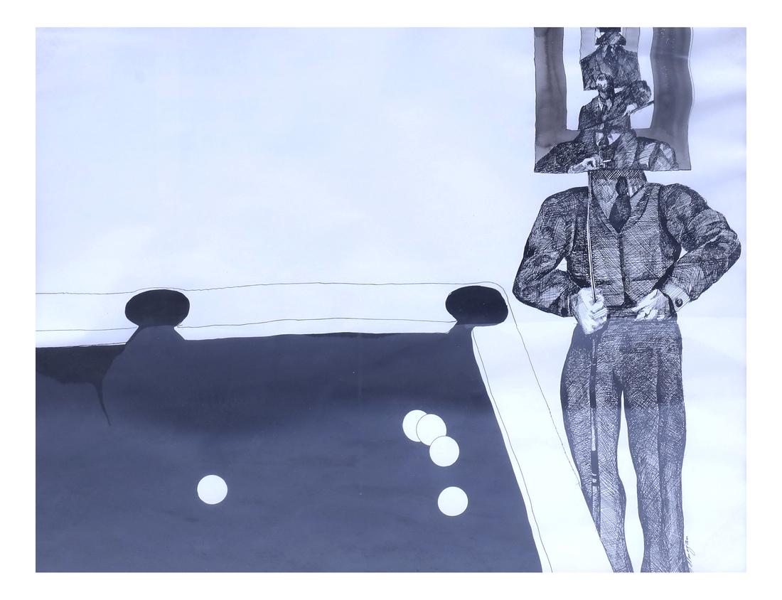 Magan, Surreal Billiards Player: Pen and ink with wash depicting a figure standing beside a billiards table with head depicted in concentric rectangles. Signed and dated at bottom right " '79 Magan." Double matted under glass in a wo