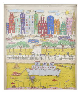 James Rizzi, "A Day in The Life...": James Rizzi (American, 1950-2011) Collaged and hand-colored intaglio assemblage multiple. Signed and inscribed in bottom margin "James Rizzi, A Day In The Life Of The City #11 1977". Mounted under gla