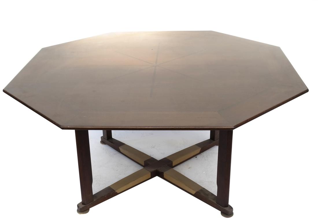 Wormley For Dunbar Games Table: Octagonal-form inlaid games table, circa 1955. [58 1/2" Dia x 28 1/2" H]. Restored with visible blemishes.