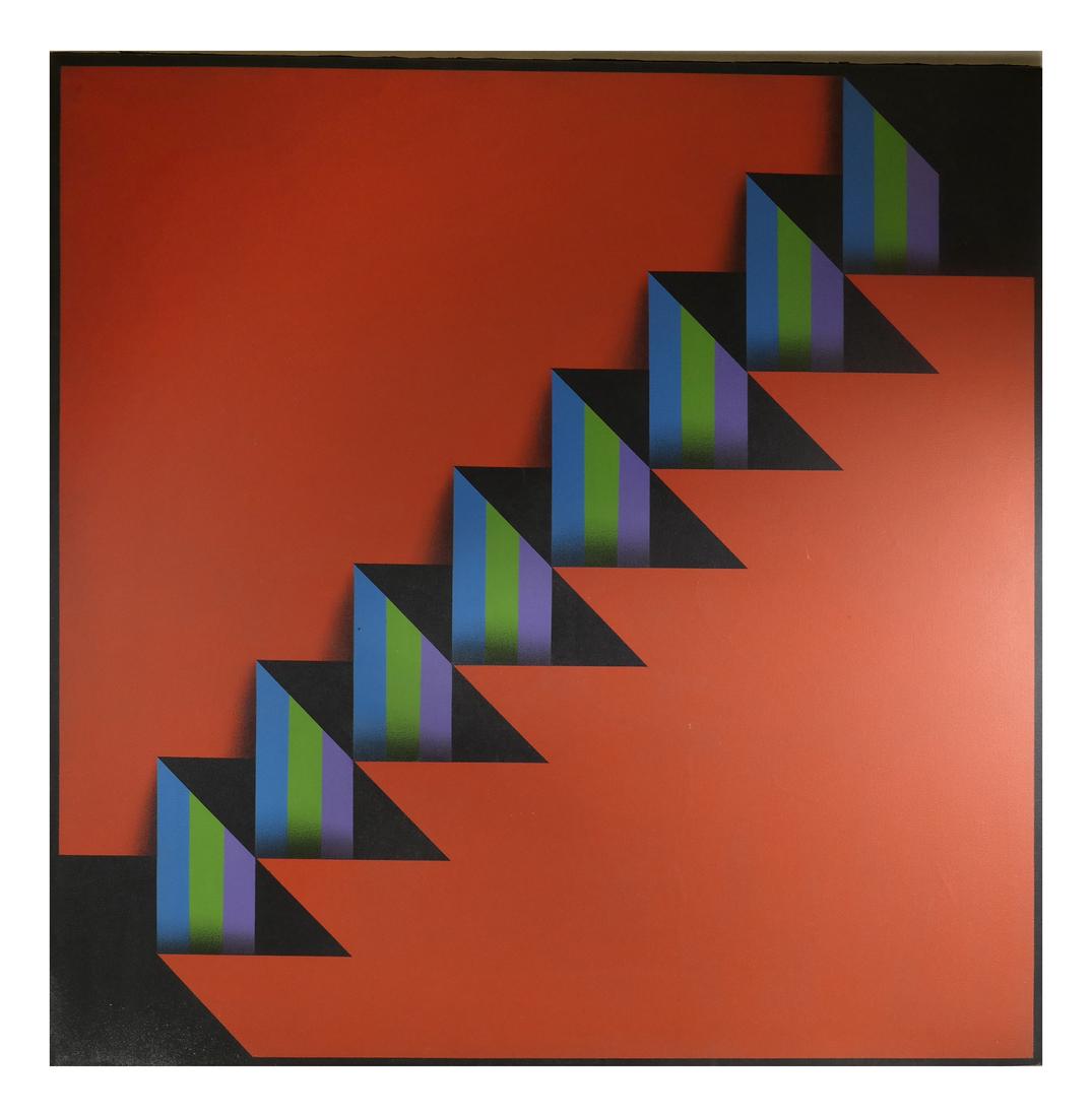 Omar Rayo, "Velamen": Omar Rayo (Colombian, 1928-2010). Unframed abstract composition, oil acrylic on canvas. Inscribed, dated and signed on verso with title "Velamen". [Overall dimensions: 40" x 40"].