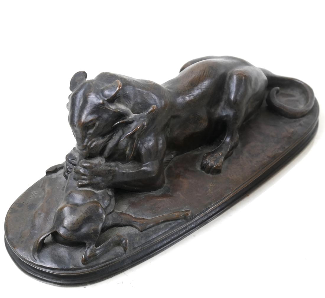 A. L. Barye, Bronze "Lion Tenat un Guib": Antoine-Louis Barye (France, 1796-1875), Patinated Bronze, "Lion Tenat un Guib" (Lion Holding an Antelope), the base impressed "BARYE" and "The Henry Bonnard Bronze C - Founders NY," medium brown pati