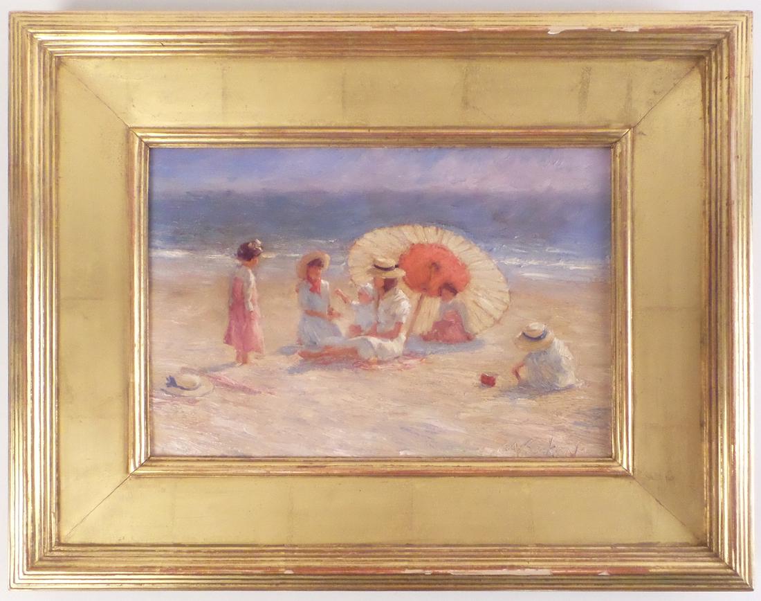 Brian Becken Beach Scene - Oil on Board: Brian Becken (American). Beach scene. Oil on board. Signed lower right inscribed in the imapasto "BA Becken" and "BA Becken/308" on reverse of panel. [Sight: 8 1/2" H x 12 3/8" W; Frame: 15" H x 19" W