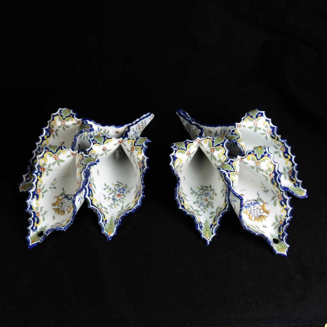 Pair of Polychrome Ceramic Wall Pockets: Pair of polychrome floral decorated ceramic wall pockets, with blue under-glaze mark. [14" H x 8 3/4" W x 4" D]. With repairs, chips and losses. Sold "as is".
