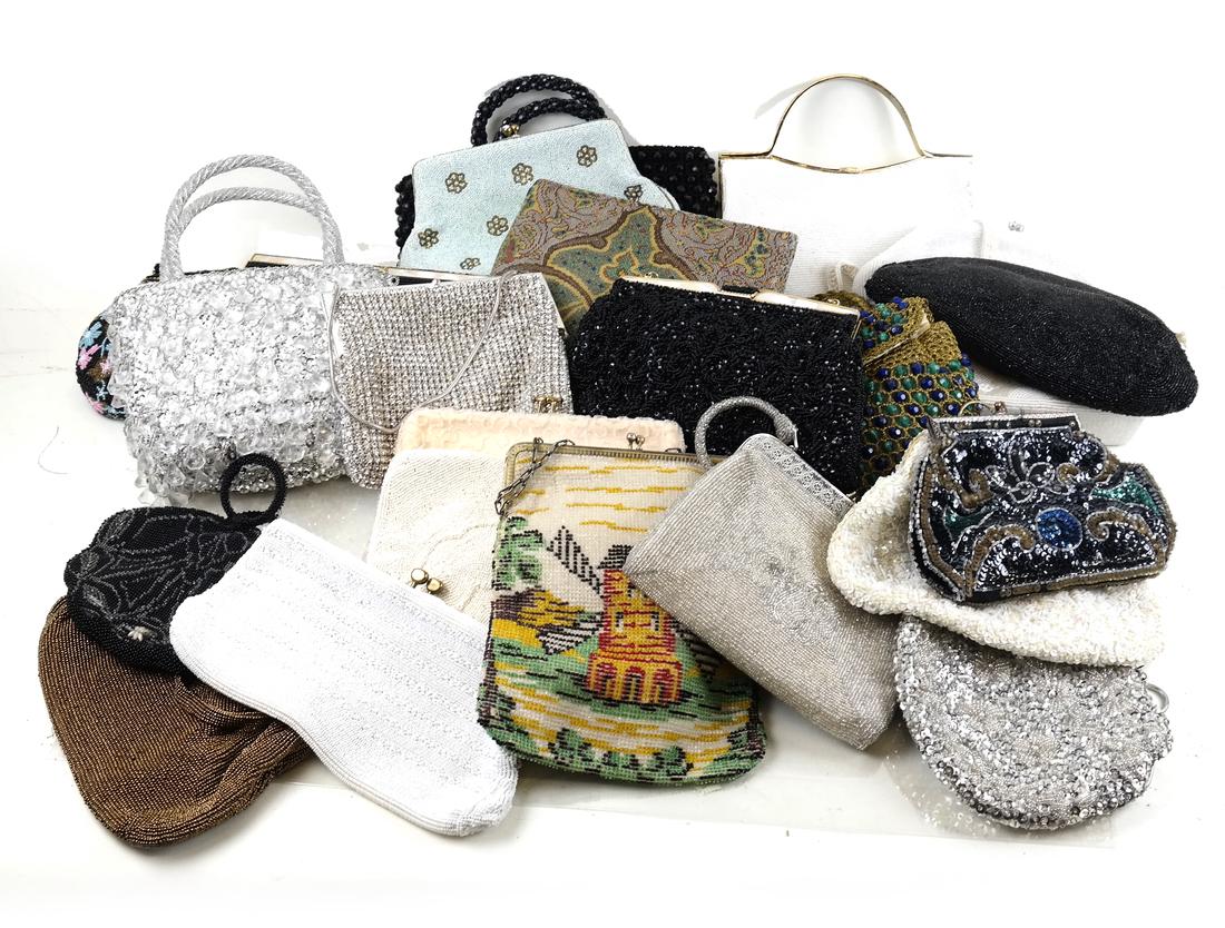 Vintage Beaded Handbags: Includes glass and plastic examples. Features multicolor, all black and all white bags. Circa 1930's to 1970's. [6 1/2" W x 1" D x 5 1/2" H to 10 1/2" W x 3" D x 7 3/4" H]. Condition varies. All sold 