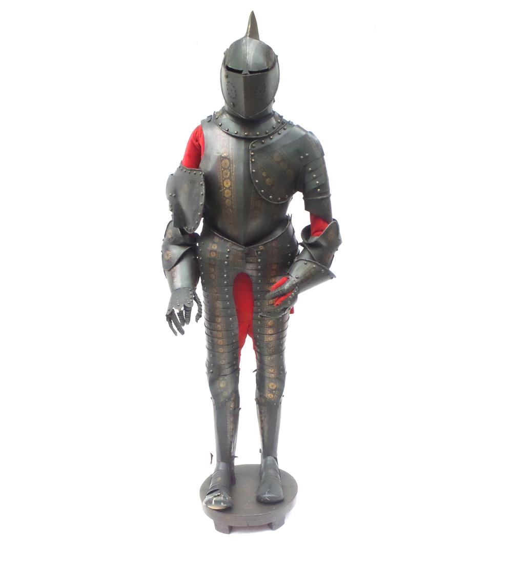 Decorative Painted Armor: Decorative painted full figure articulated armor with helmet on stand. [26" x 14" 74" H]. Good condition.