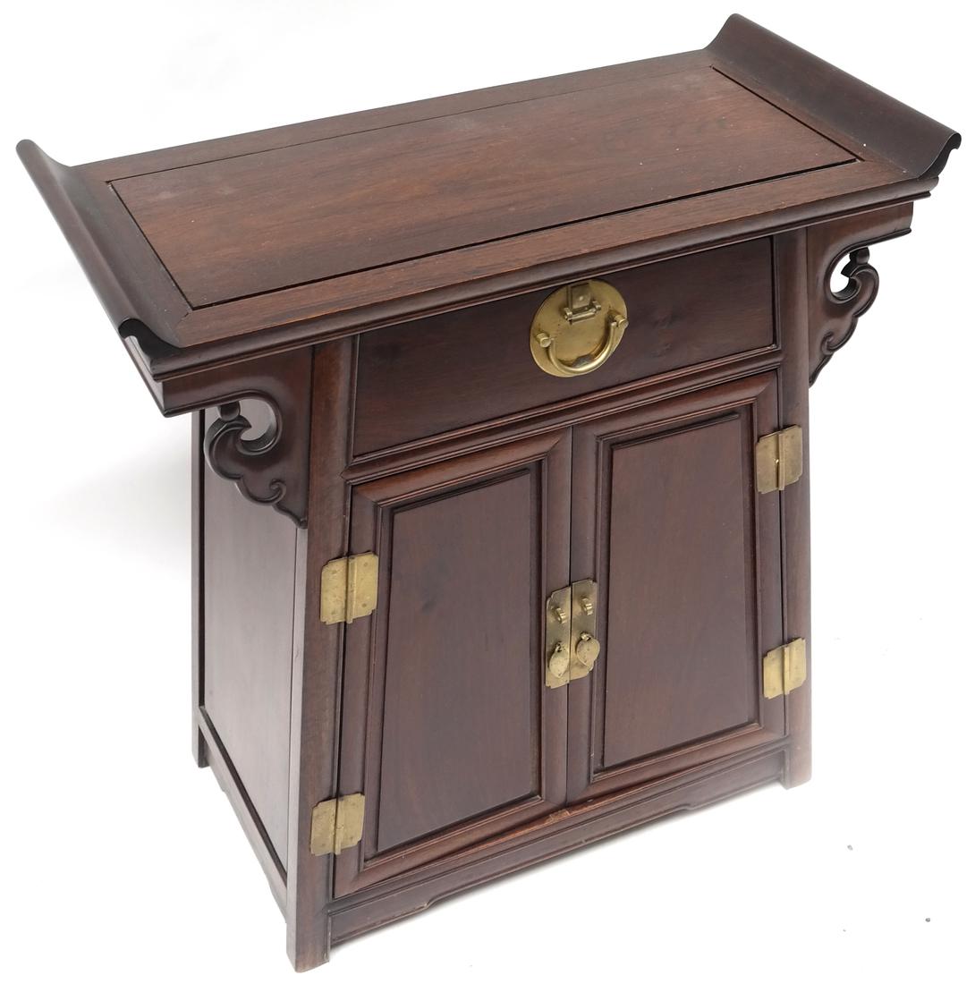 Chinese Altar Table/Cabinet: Chinese altar table/cabinet with one drawer and two lower doors. [29 1/4" W x 14" D x 29 1/2" H]. Overall good condition.
