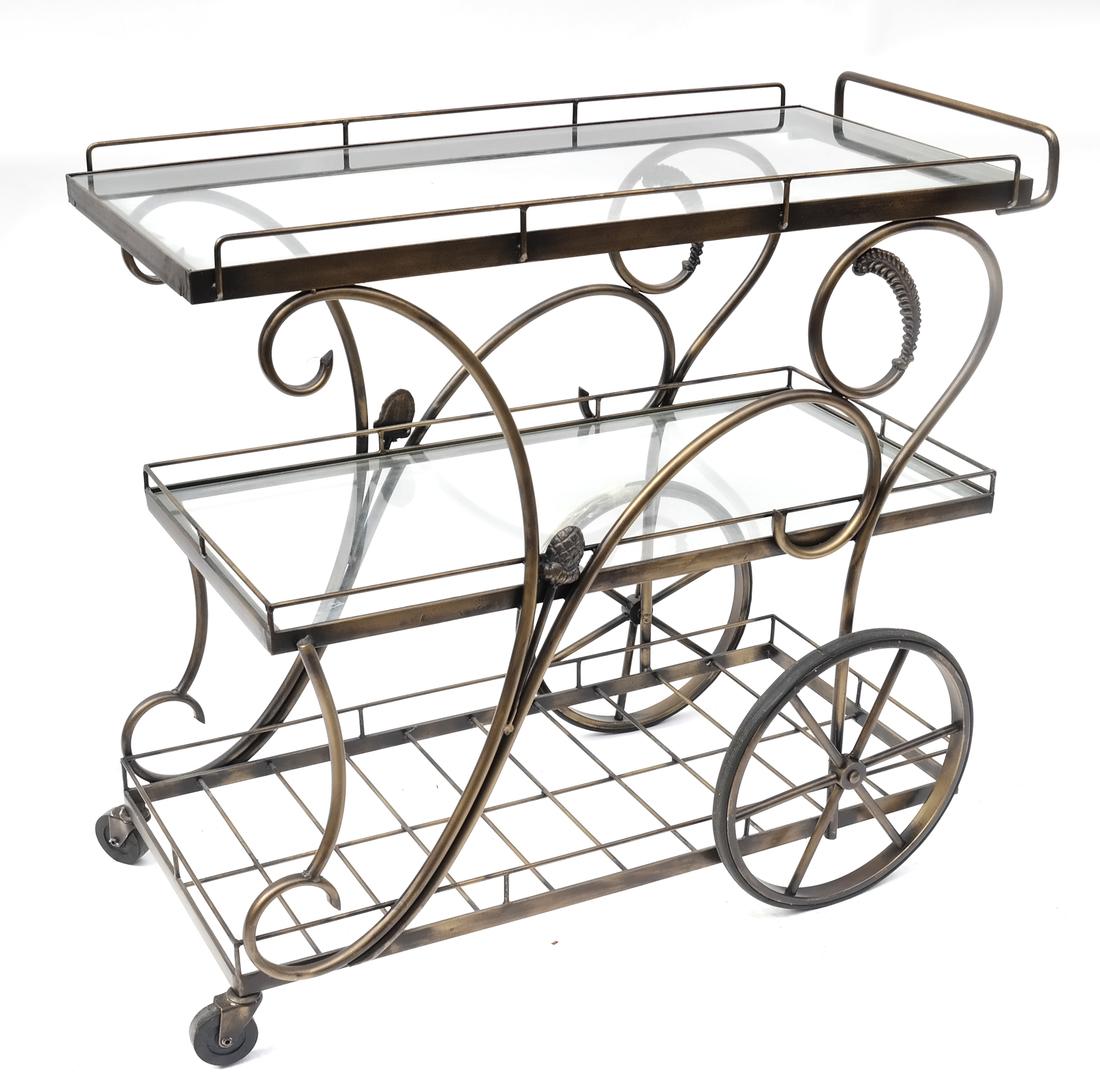 Three Tier Tea Cart: Iron and two glass inset service, tea or bar cart. [40 1/2" W x 19" D x 37" H].