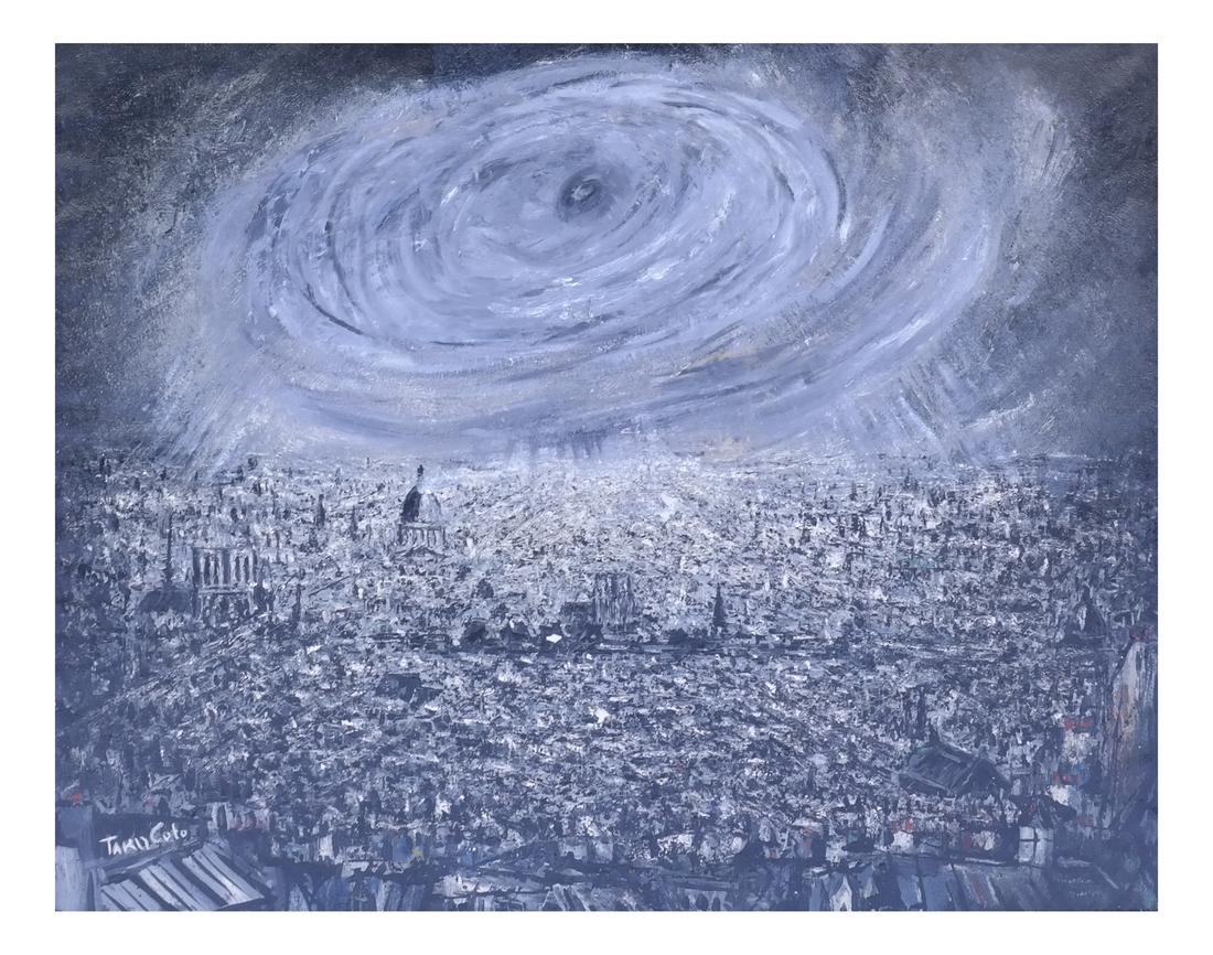 Takoi Coto, View of Paris: A framed scene at night of a view of Paris. Signed at lower right. [Sight: 28 1/2" x 36"; Frame: 34 1/4" x 41 1/2"]. Overall good condition.