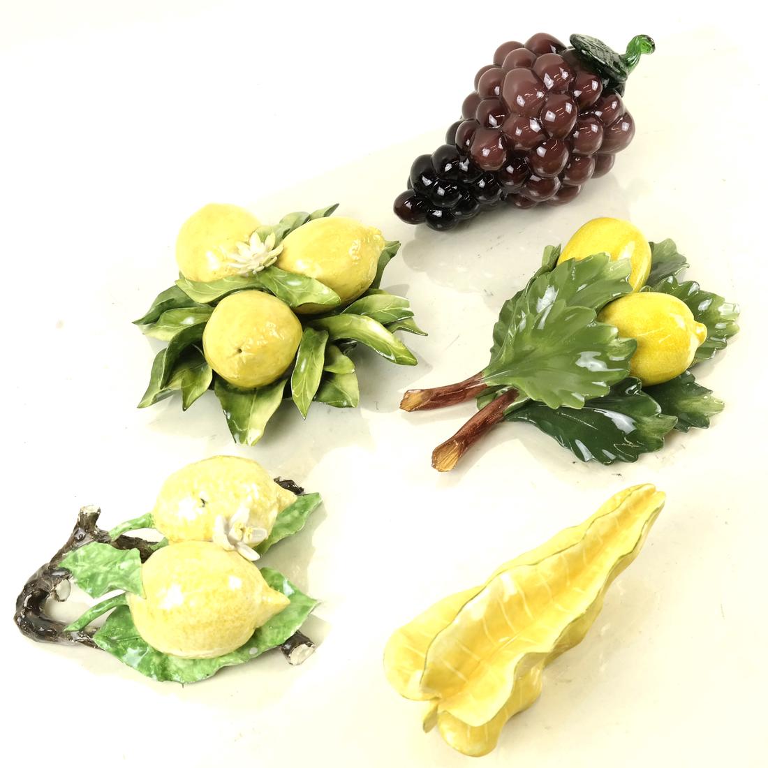 Five Fruit Sculptures: Includes a star fruit, three lemon groups, and a glass grapes bunch. [7" x 6 1/2" L].