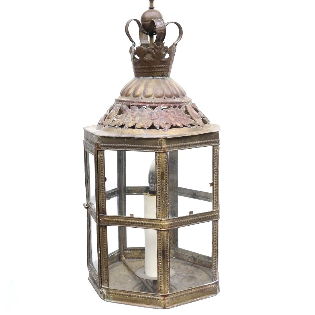 Copper Lantern: Octagonal-form floral decorated copper lantern. [29" H x 13" Dia].
