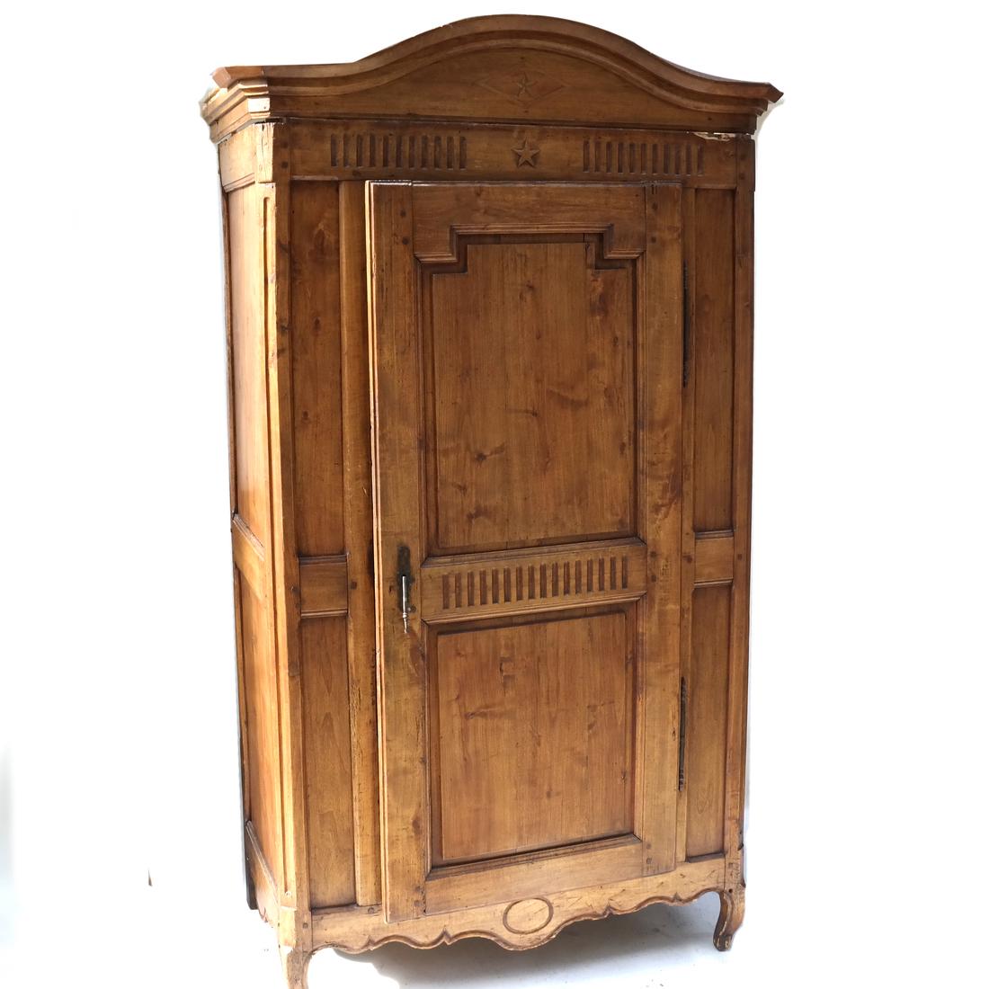 19th Century Continental Cabinet: 19th century Continental one door cabinet with star medallion inlay. [48" x 24" D x 81 1/2" H]. Door is warped, otherwise overall good condition, age consistent wear.