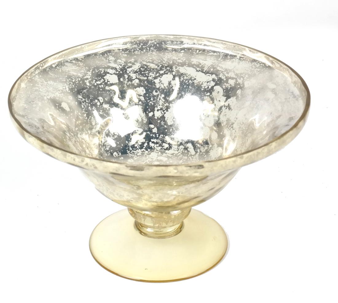 Mercury Glass Compote: Mercury glass compote. [5" H x 9 Dia].