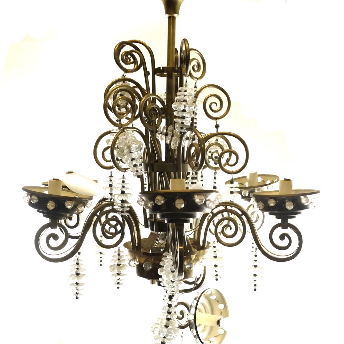 Art Deco-Style Six-Light Fixture: In the manner of Bagues, brass scroll-form six-light fixture. [24" H x 22" Dia.]. Good condition.