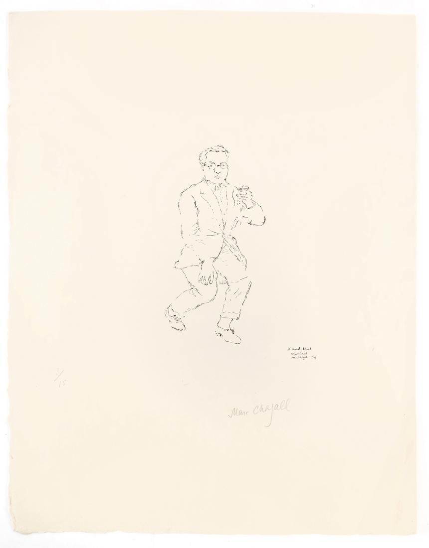 Marc Chagall, Portrait of Marcel Arland: Marc Chagall (French, 1887-1985). Unframed etching of Marcel Arland. Signed, dated, and titled in plate; Also signed in pencil at bottom right of image: "Marc Chagall." Numbered at left in pencil: "3/
