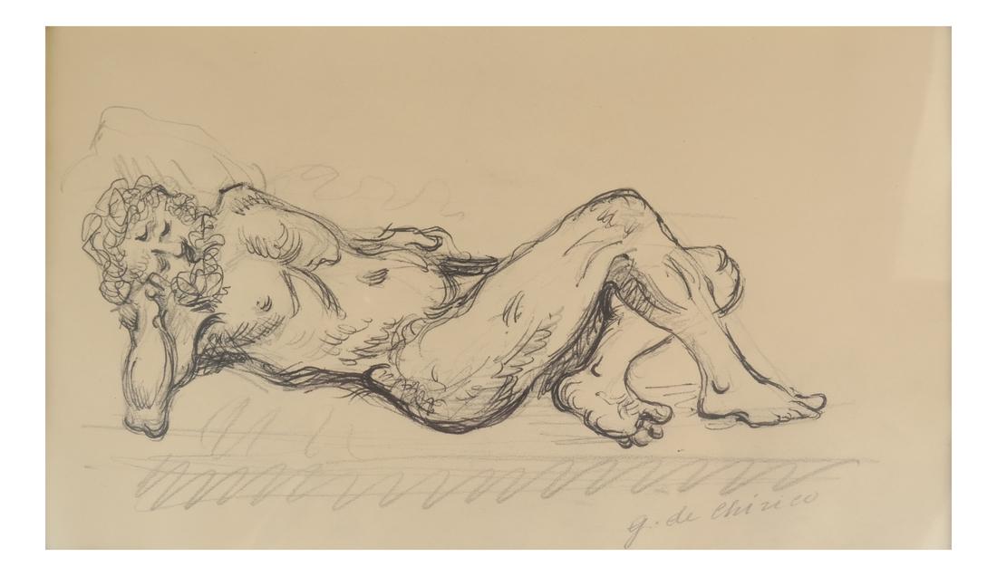 Giorgio de Chirico, Reclining Male Nude: Giorgio de Chirico (Italian, 1888–1978). Drawing on paper depicting a reclining male nude with head resting upon his proper right fist. Signed at bottom right "g. de chirico," in pencil. Matted and 