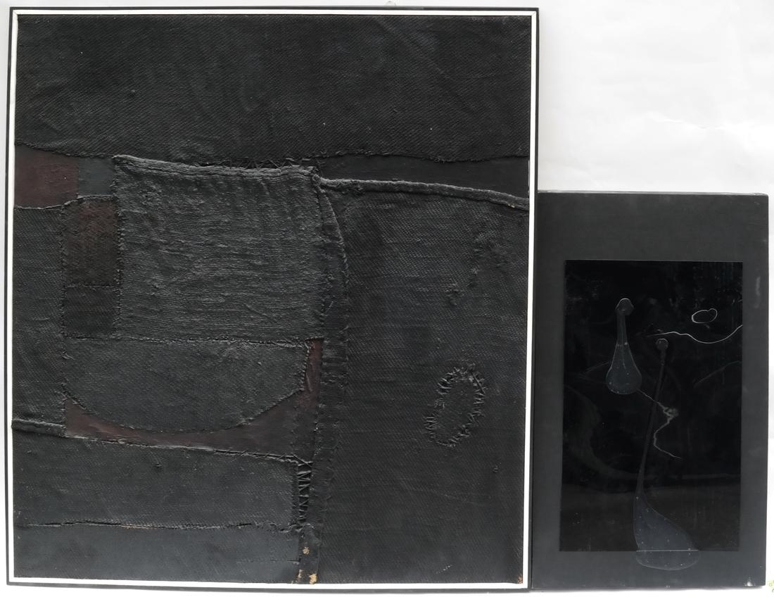 Two Vintage Minimalist Works: Comprises: 1.) Black painted canvas with rectangular black Plexiglas applique upon which black resin has been dripped. Signed on verso "Lilly Witzky 1969." Unframed. [Art: 28" x 17"]. 2.) Black painte