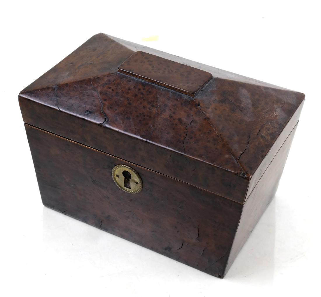 Victorian Burled Yew Wood Tea Caddy: Late 19th century, of casket form, with re-lined fitted interior; [H: 5 1/2in; L: 7 1/4in; D: 4 1/4in]; Few shrinkage cracks, interior relined.