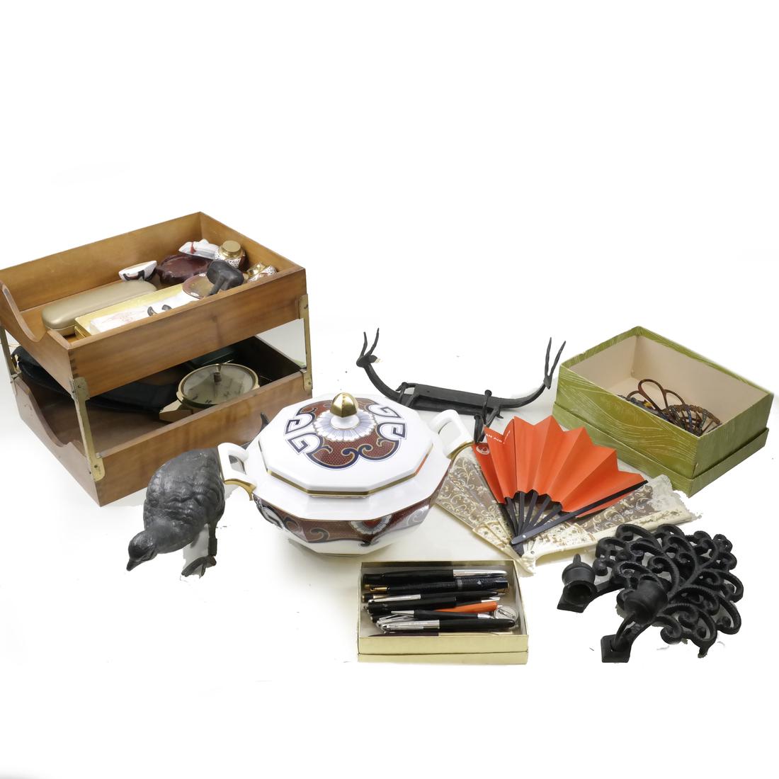 Box Lot: Miscellaneous Decorative Items: 20th century, including but not limited to: pens, various metal figures, hair combs, political buttons, wrought iron hooks, porcelain covered tureen, various Japanese masks; [L: 3in to 24in]; Some wea