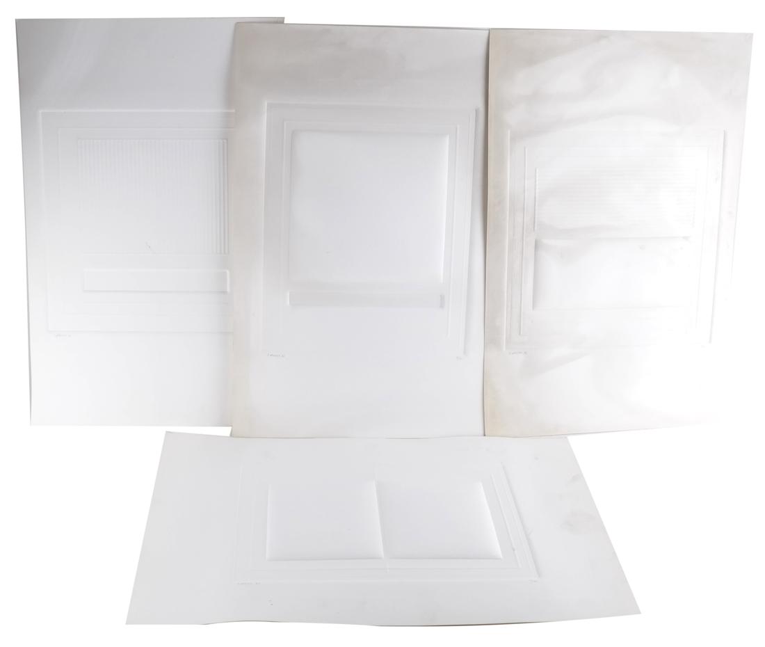 Shlomo Koren, 18 Minimalist Embossed: Shlomo Koren (German/Dutch 1932-2013). Eighteen embossed sheets of wove paper with geometric square and rectangular elements. All are signed and dated at lower left "S. Koren 71." Includes small editi
