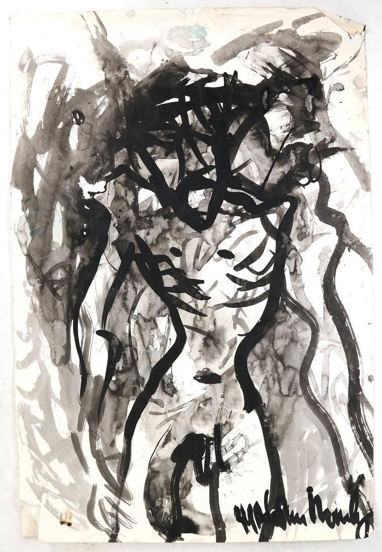 Malcolm Morley, Abstract Figure: Malcolm Morley (British, born 1931). Dense composition with nude male figure in foreground. Boldly signed at bottom right "Malcolm Morley." Dimensions: 29.25 " H x 20.00 " W .