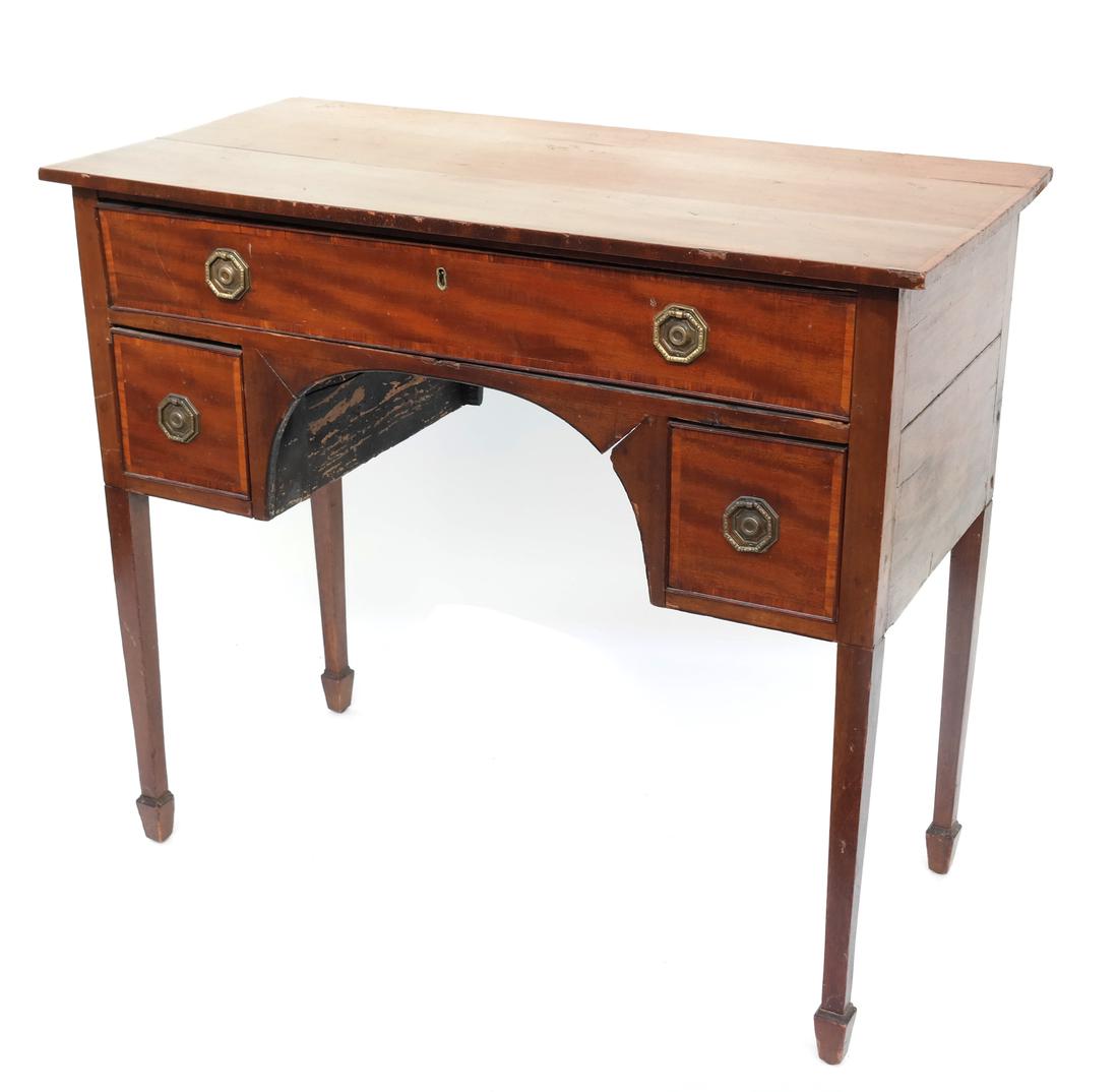 19th Century English Lowboy: 19th century mahogany banded three-drawer lowboy on tapered legs. [38 1/2" x 18 1/2" x 34" H; To apron: 27 1/4"].