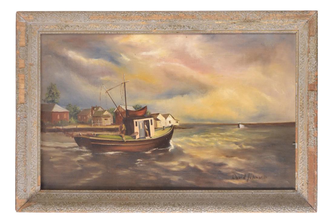 David Johnsen, Fishing Vessel at Dark: Oil on canvas depicting a fishing vessel in a village harbor at sunset. Signed bottom right. [Sight: 21 1/2" x 35 1/4"; Frame: 27" x 41"]. In overall good condition.