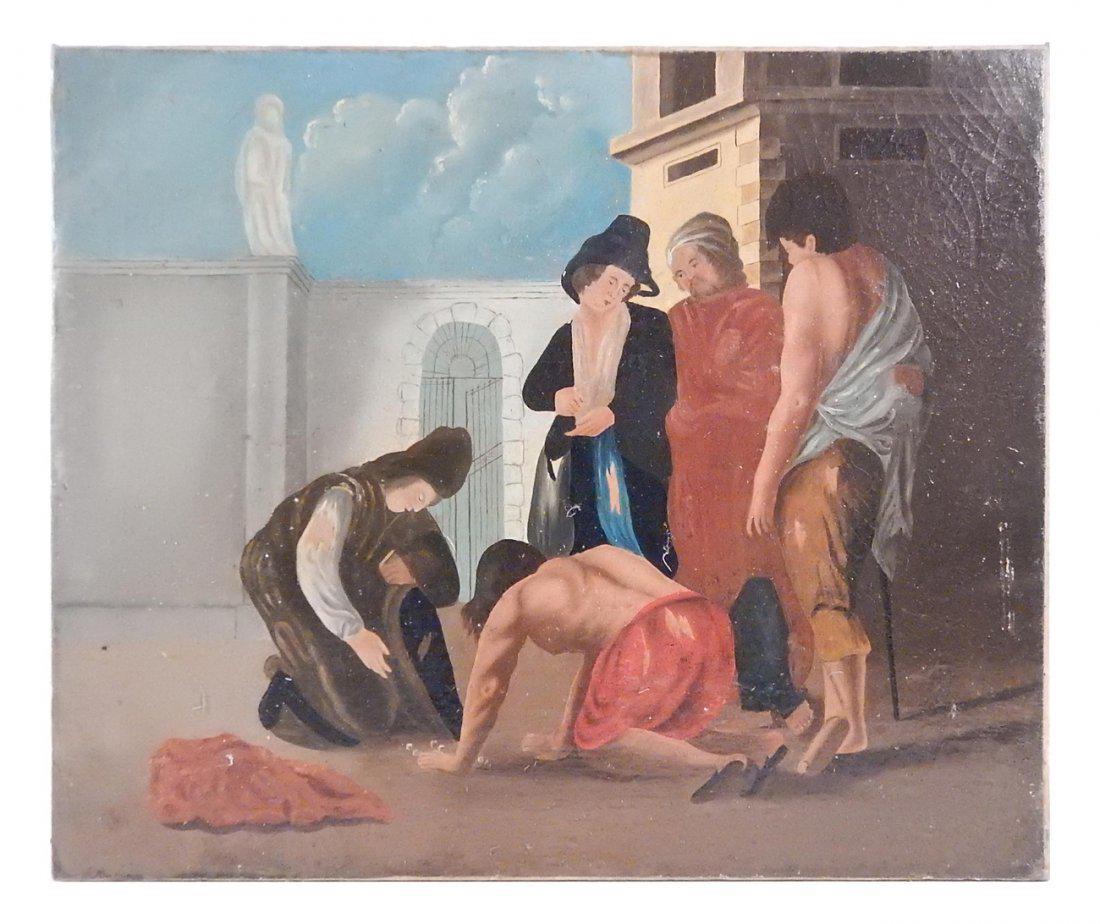 Renaissance Revival Oil on Canvas: Featuring figures playing dice on the street. Unframed. [Art: 24 3/4" H x 30" W]. Canvas has been restretched. Craquelure, varnish, surface grime, minor abrasions.