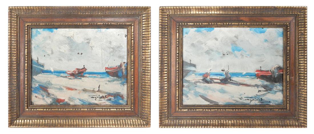 Oil on Masonite - Pair of Seascapes: By the same artist. Signed illegibly lower right. [Both Sight: 9 3/4" x 9 3/4"; Frame: 11 3/4" x 13 3/4"]. Both suffer some chips to paint surface and light soiling.