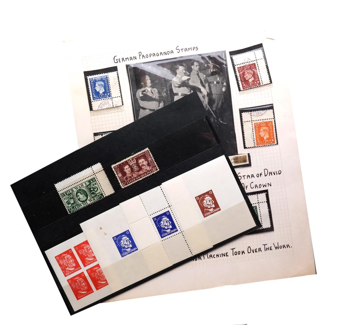 WORLD WAR II PROPAGANDA STAMPS SELECTION: Includes genuine examples of the German propaganda stamps for use in Great Britain - Michel #1, #2 and #3 unused without gum as issued, and #3, 5, 6 and 7 used, as well as bogus examples (not counted)